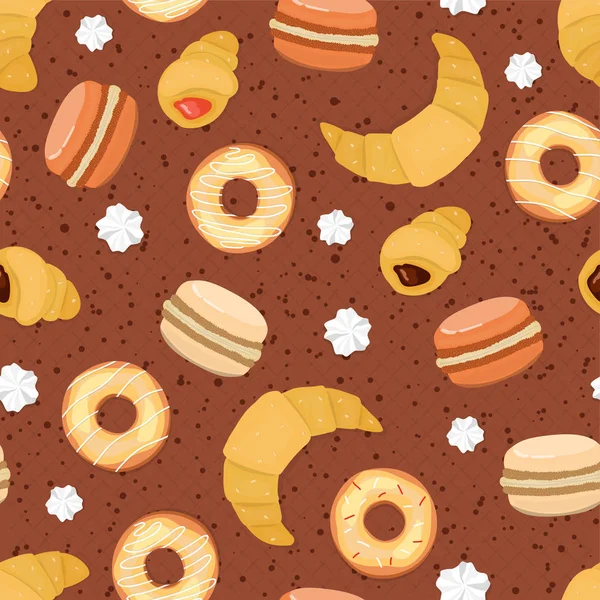 Безшовний фон з глазурованих пончиків, круасанів, макарунів і обернень. Візерунок . — стоковий вектор