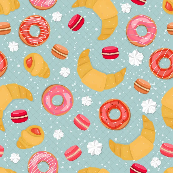 Nahtloser Hintergrund aus glasierten Donuts, Croissants, Makronen und Baiser. Muster. — Stockvektor