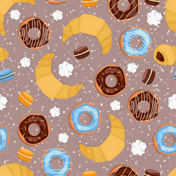 Fond sans couture de beignets glacés, croissants, macarons et meringues. Modèle . — Image vectorielle
