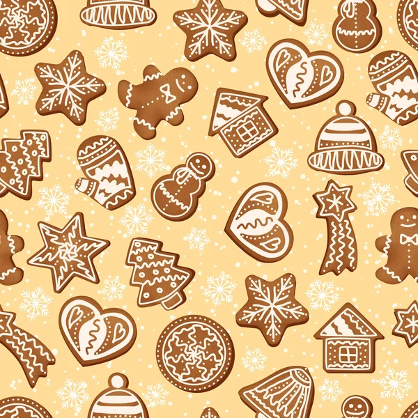 Modèle sans couture de Noël de flocons de neige et biscuits au pain d'épice . — Image vectorielle