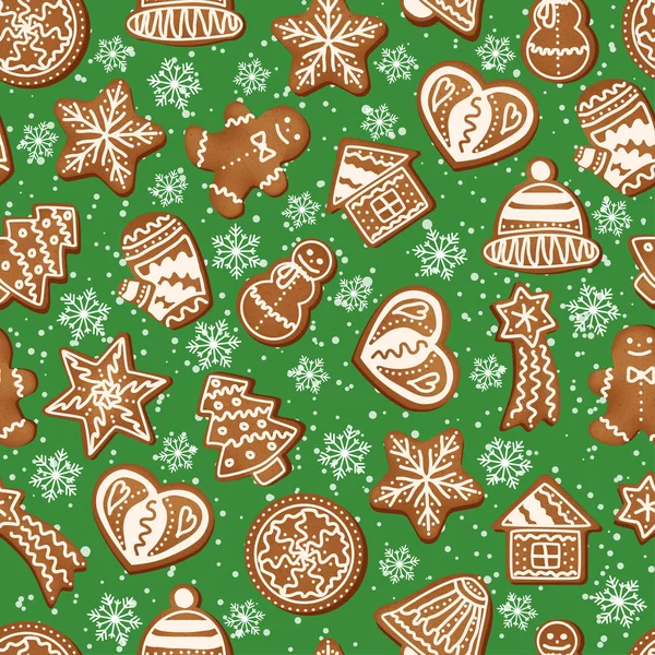 Patrón sin costuras de Navidad de copos de nieve y galletas de jengibre . — Archivo Imágenes Vectoriales