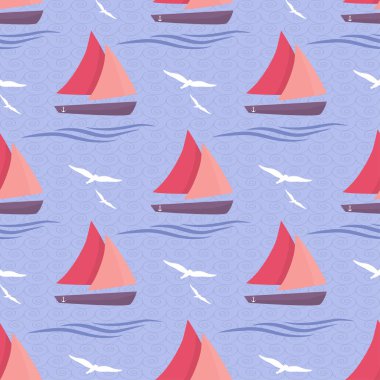 Denizde gemi. Desen dalgalar ve martılar ile süslüdür.