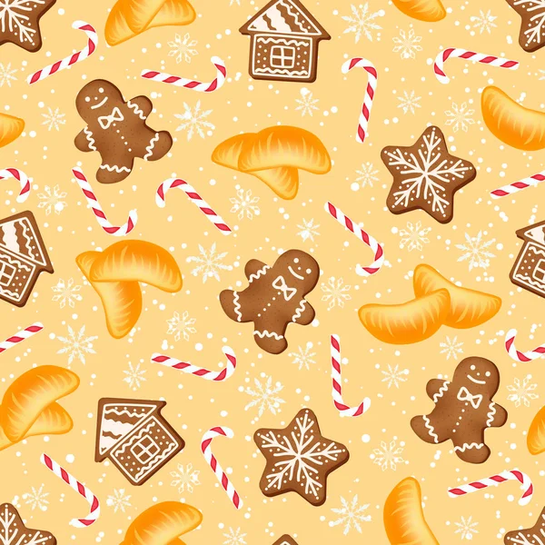 Fond de Noël avec pain d'épice et tranches de mandarine . — Image vectorielle