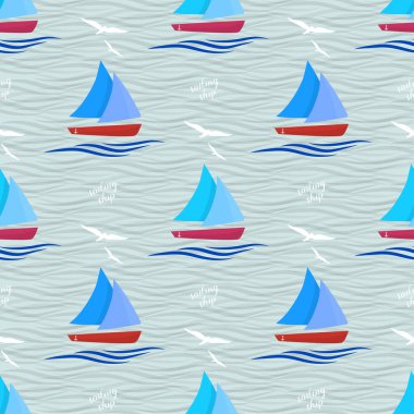 Denizde gemi. Desen dalgalar ve martılar ile süslüdür.