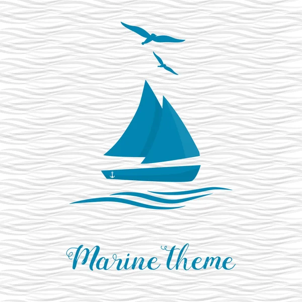 Deniz tema. Yelkenli gemi dalgalar üzerinde sallanan. İki yükselen martı.