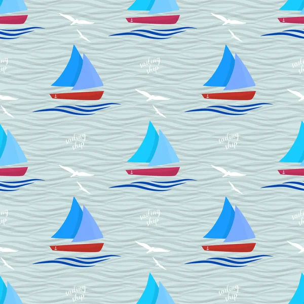 Denizde gemi. Desen dalgalar ve martılar ile süslüdür.