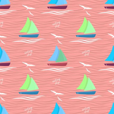 Denizde gemi. Desen dalgalar ve martılar ile süslüdür.