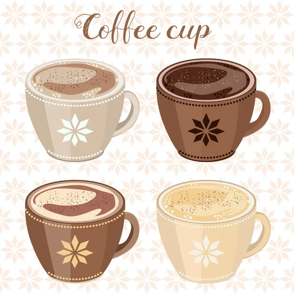 Vier kopjes cappuccino met schuim, versierd met ornamenten. — Stockvector