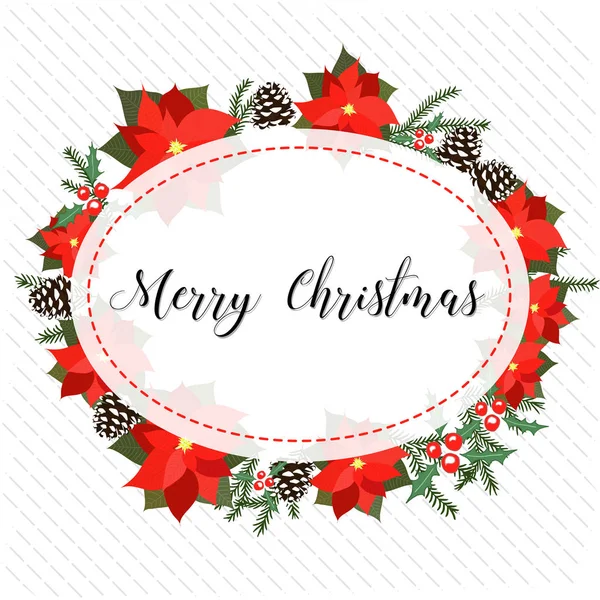 Tarjeta de Navidad, decorada con elementos festivos. Flores, ramas y conos de abeto . — Vector de stock