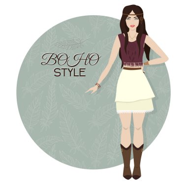 Genç güzel kadın. Boho tarzı moda kız. Vektör çizim.