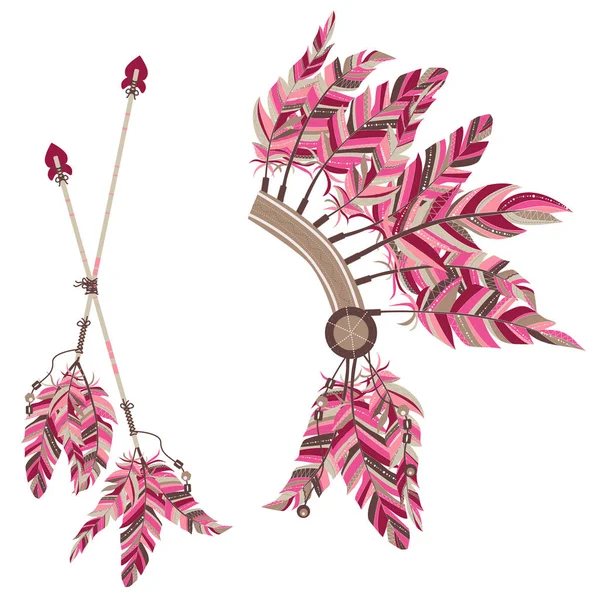 Coiffe Indiens et deux flèches avec des plumes sur un fond blanc . — Image vectorielle