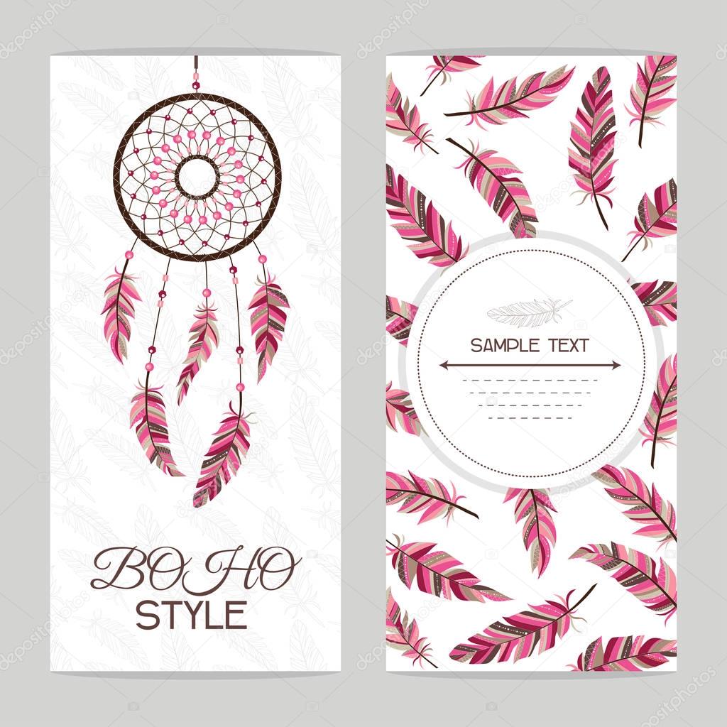 Vintage card. Boho style. Two flyers decorated with feathers and dream catcher with Indian style.