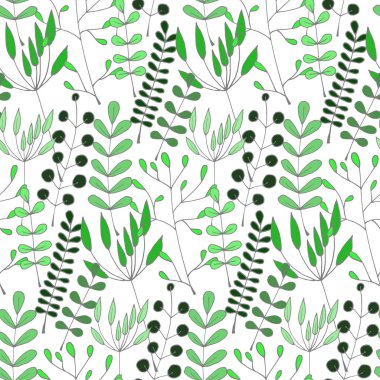 Farklı renkteki çizilmiş bitkilerle sorunsuz arka plan. Desen.