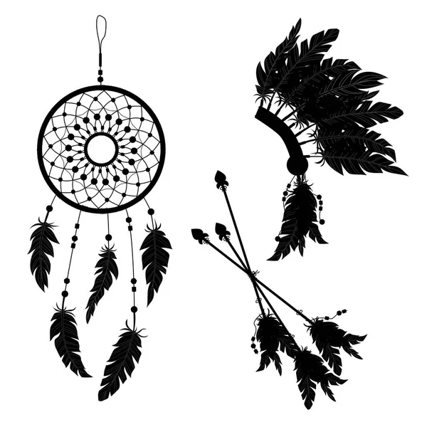 Attrape-rêves et coiffe en plume indienne. Trois fléchettes décorées de plumes. Silhouette . — Image vectorielle