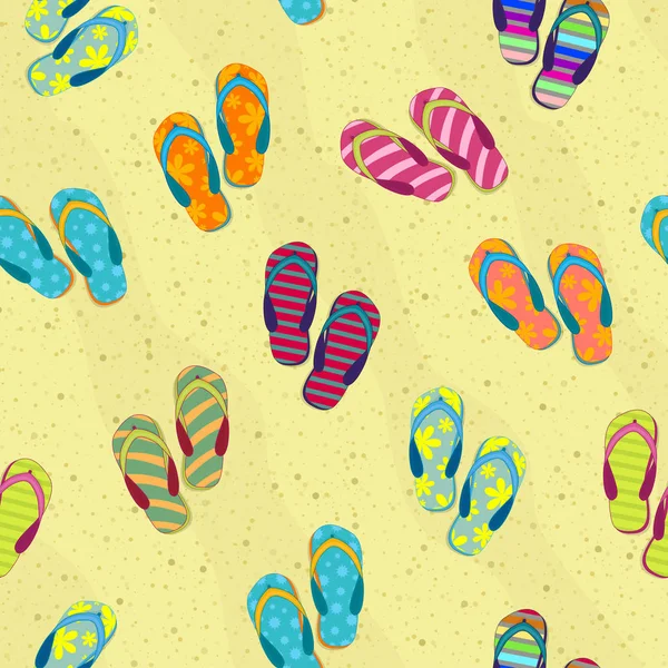Fondo sin costuras con zapatillas de playa en la arena. Patrón de verano . — Vector de stock