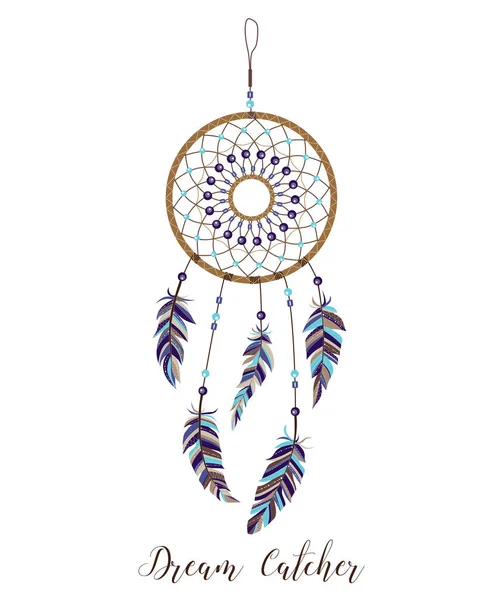 Amulette amérindienne. Attrape-rêves avec des plumes et des perles sur fond blanc. Style Boho . — Image vectorielle