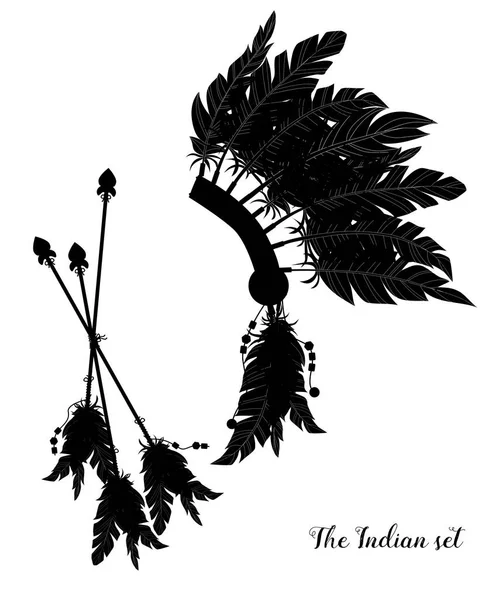 Coiffe en plume indienne. Trois fléchettes décorées de plumes. Silhouette . — Image vectorielle