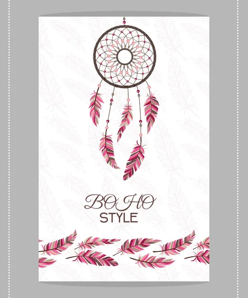 Vintage card. Boho style. Two flyers decorated with feathers and dream catcher with Indian style. — Stock Vector