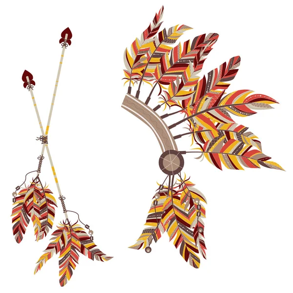 Headdress Indians and two arrows with feathers on a white background. — Stock Vector