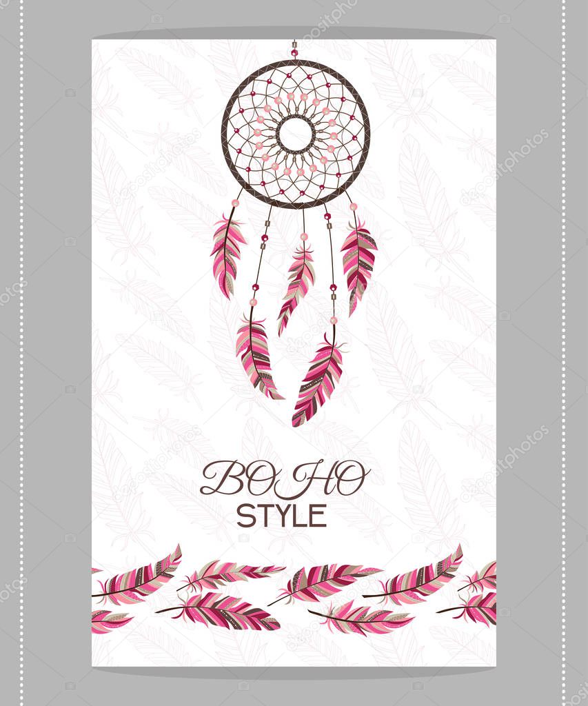 Vintage card. Boho style. Two flyers decorated with feathers and dream catcher with Indian style.