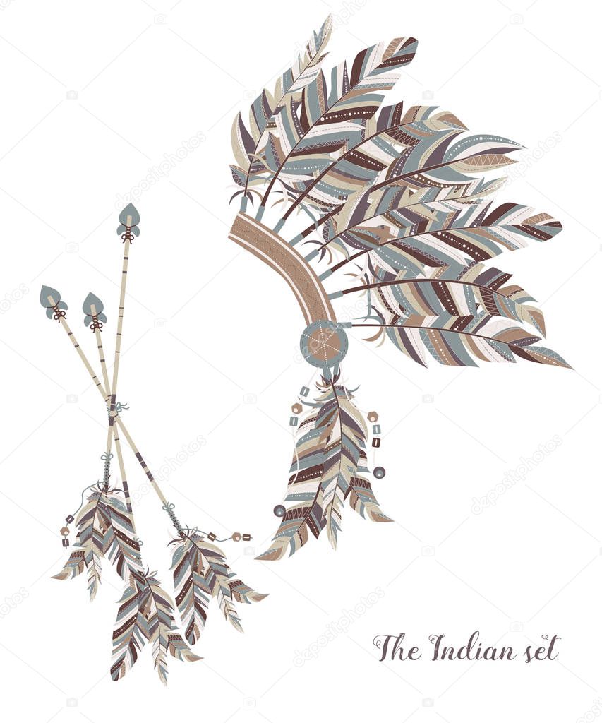 Indian feather headdress. Three darts decorated with feathers.