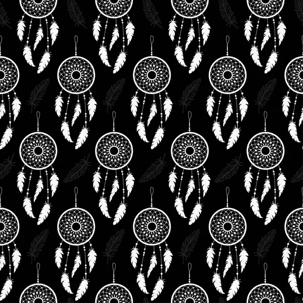 Sorunsuz arka plan beyaz tüyler ve renkli bir arka plan üzerinde rüya yakalayıcı. Desen.