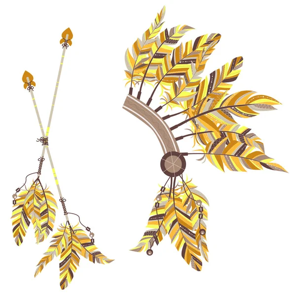 Coiffe Indiens et deux flèches avec des plumes sur un fond blanc . — Image vectorielle