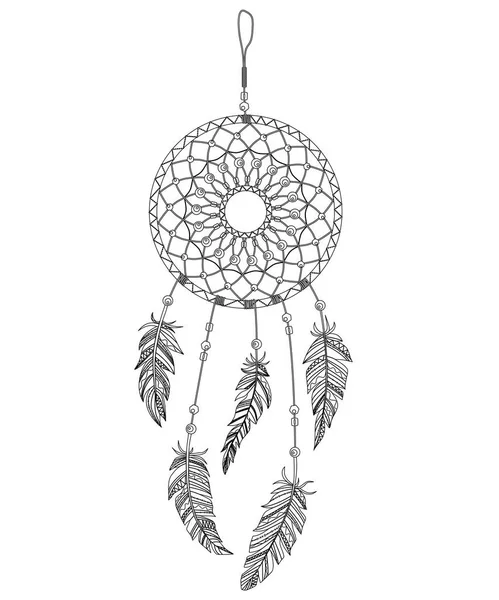 Rüya yakalayıcı tüyler ve boncuklarla süslenmiş. El vektör çizim çekilmiş. Siluet.