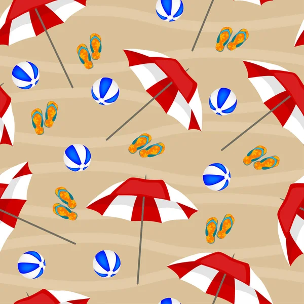 Пляжный безводный фон. Зонты, шарики и тапочки. Паттерн . — стоковый вектор