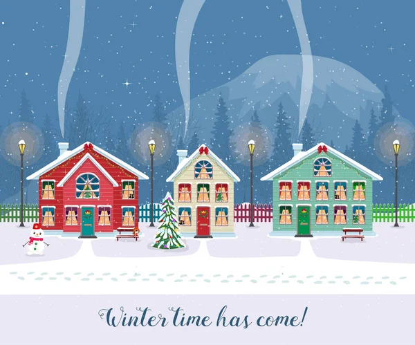 Зимовий час настав. Листівка з гарними будинками на снігу. Прикрашені різдвяні елементи . — стоковий вектор