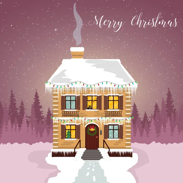 Kış gecesi. Çelenk ve buz sarkıtları ile dekore edilmiş ev. Noel kartı ile orman ve yıldızlı gökyüzünün silüeti.
