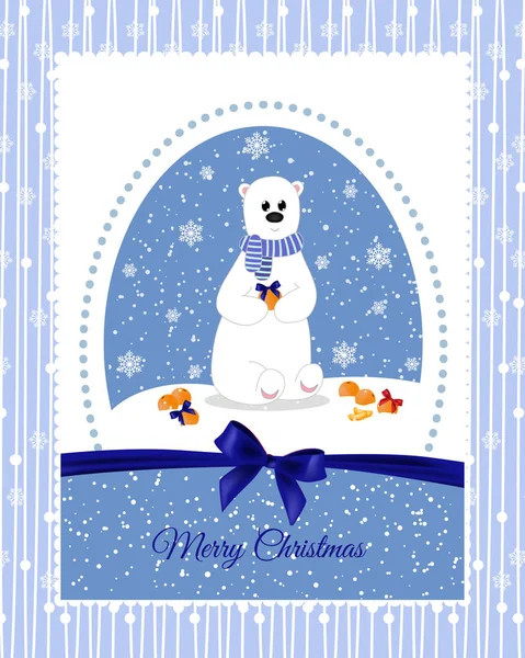 Tarjeta de Navidad con un oso polar, que decoran mandarinas hermosos arcos. Vacaciones . — Vector de stock