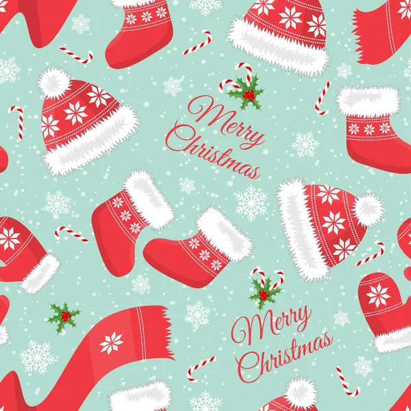 Şapka, eldiven, Noel çorap, şeker ve kar taneleri ile sorunsuz arka plan. Desen.