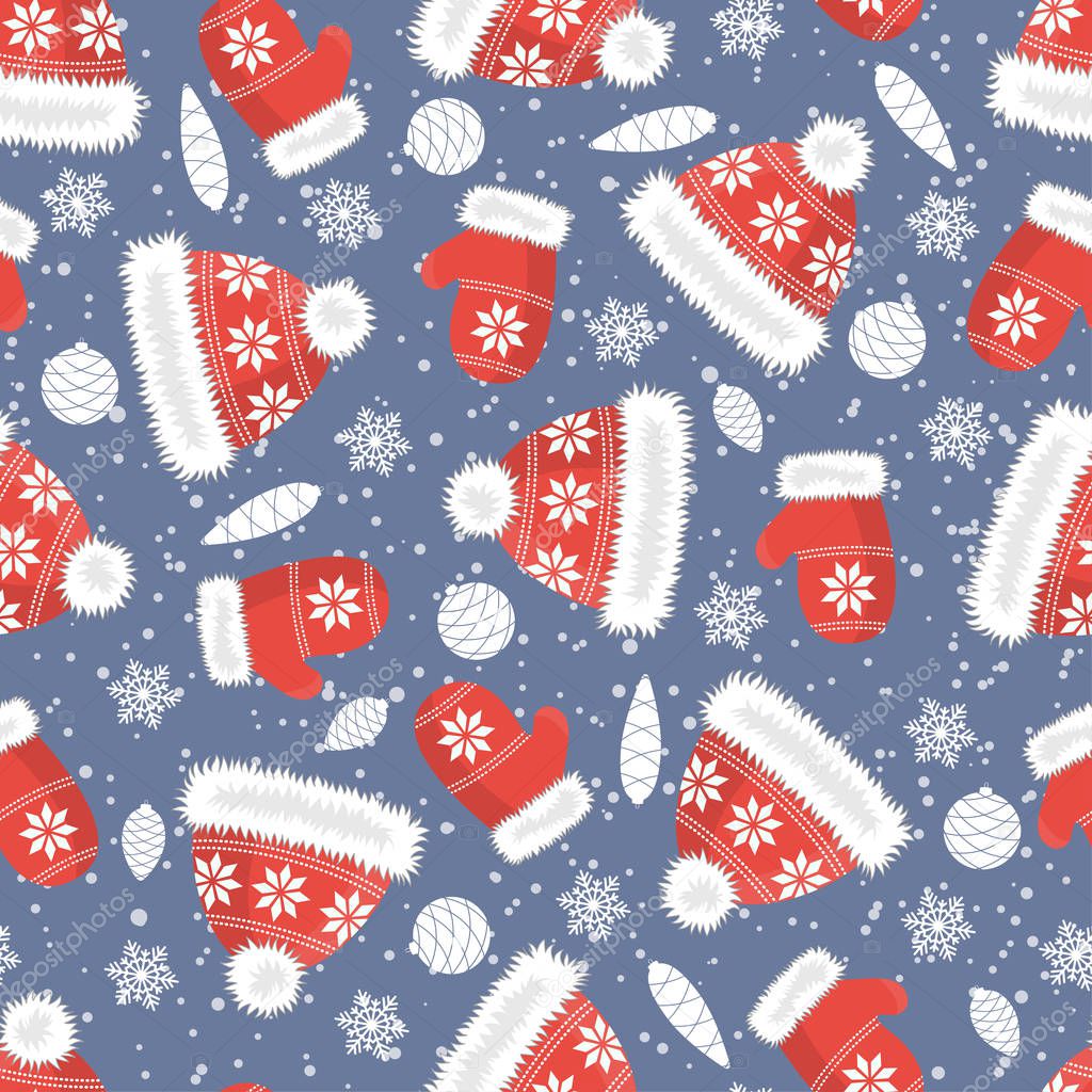 Seamless background of Christmas hats and mittens.