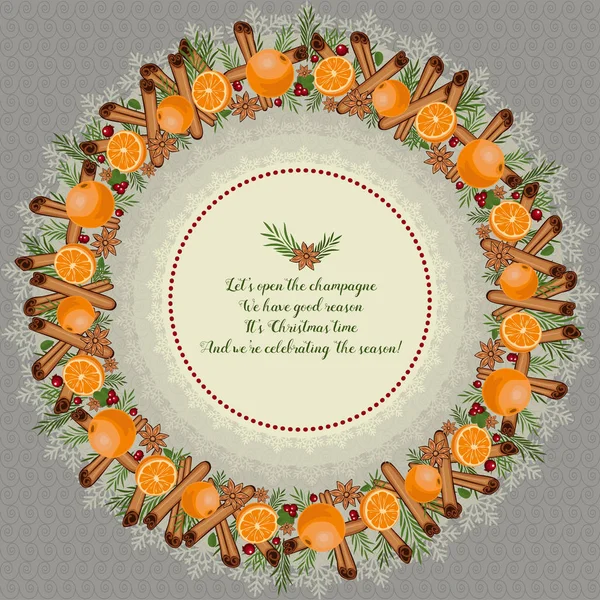 Boże Narodzenie wieniec z cynamonem, mandarin, anyżu, żurawiny i świerk oddziałów. — Wektor stockowy