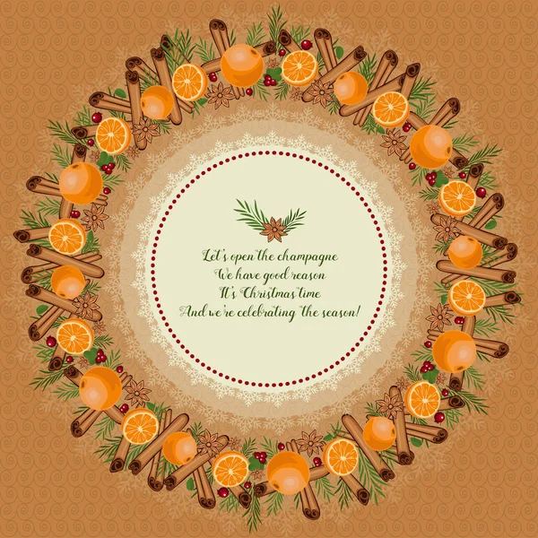 Tarçın, mandarin, anason, kızılcık ve çam dalları yapılmış Noel çelenk. — Stok Vektör