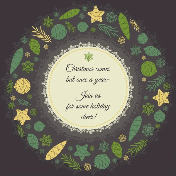 Köknar ağacı oyuncaklar Noel çelenk. Yeni yıl dilekler merkezi üzerinde. Noel kartı. — Stok Vektör