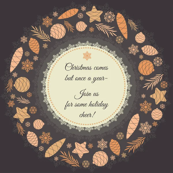 Χριστουγεννιάτικο στεφάνι με έλατο παιχνίδια. Στις ευχές της Πρωτοχρονιάς στο κέντρο. Χριστουγεννιάτικη κάρτα. — Διανυσματικό Αρχείο