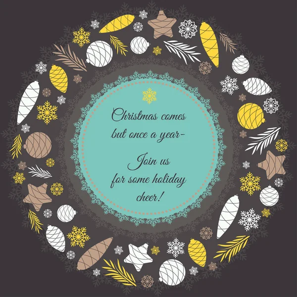 Різдвяний вінок з ялинкових іграшок. Про новорічні побажання в центрі. Різдвяна листівка . — стоковий вектор