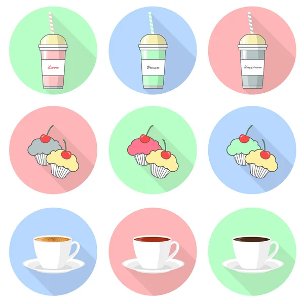 Иконы молочных коктейлей, тортов и чашек кофе . — стоковый вектор