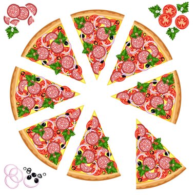 Dilim pizza çeşitli malzemelerle.