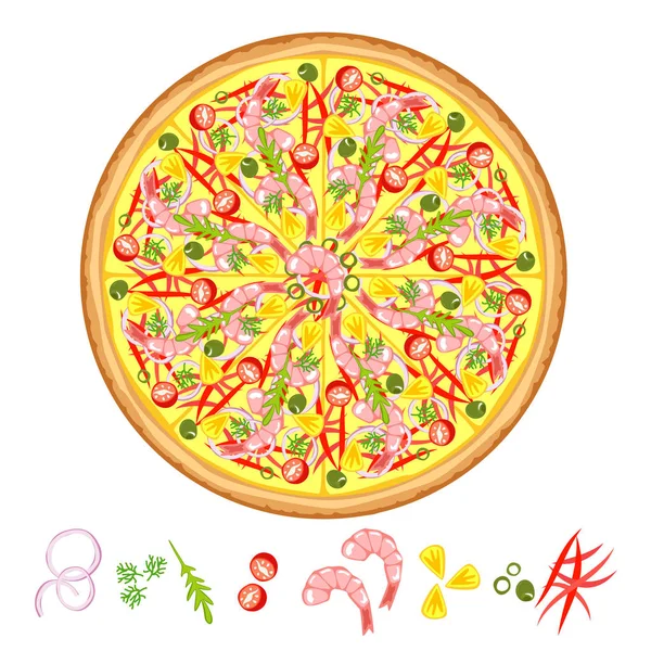 Sabrosa pizza, pizza con varios ingredientes . — Vector de stock