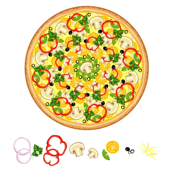 Sabrosa pizza, pizza con varios ingredientes . — Vector de stock