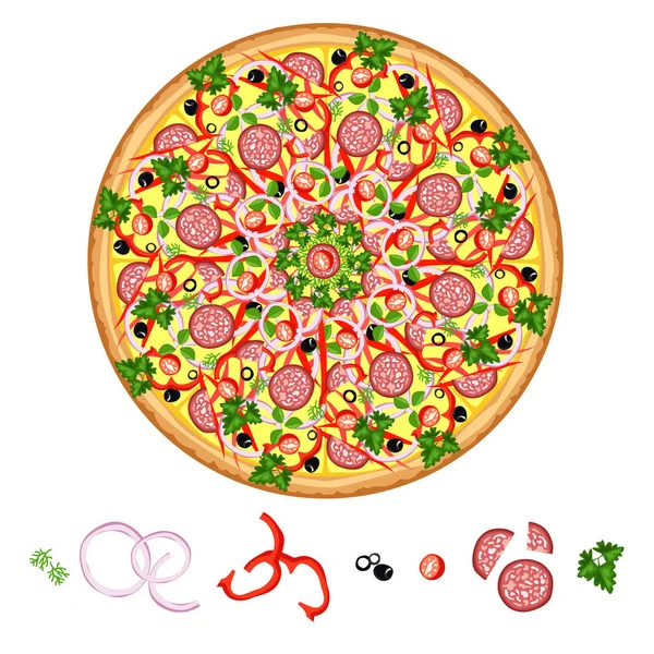 Leckere Pizza, Pizza mit verschiedenen Zutaten. — Stockvektor