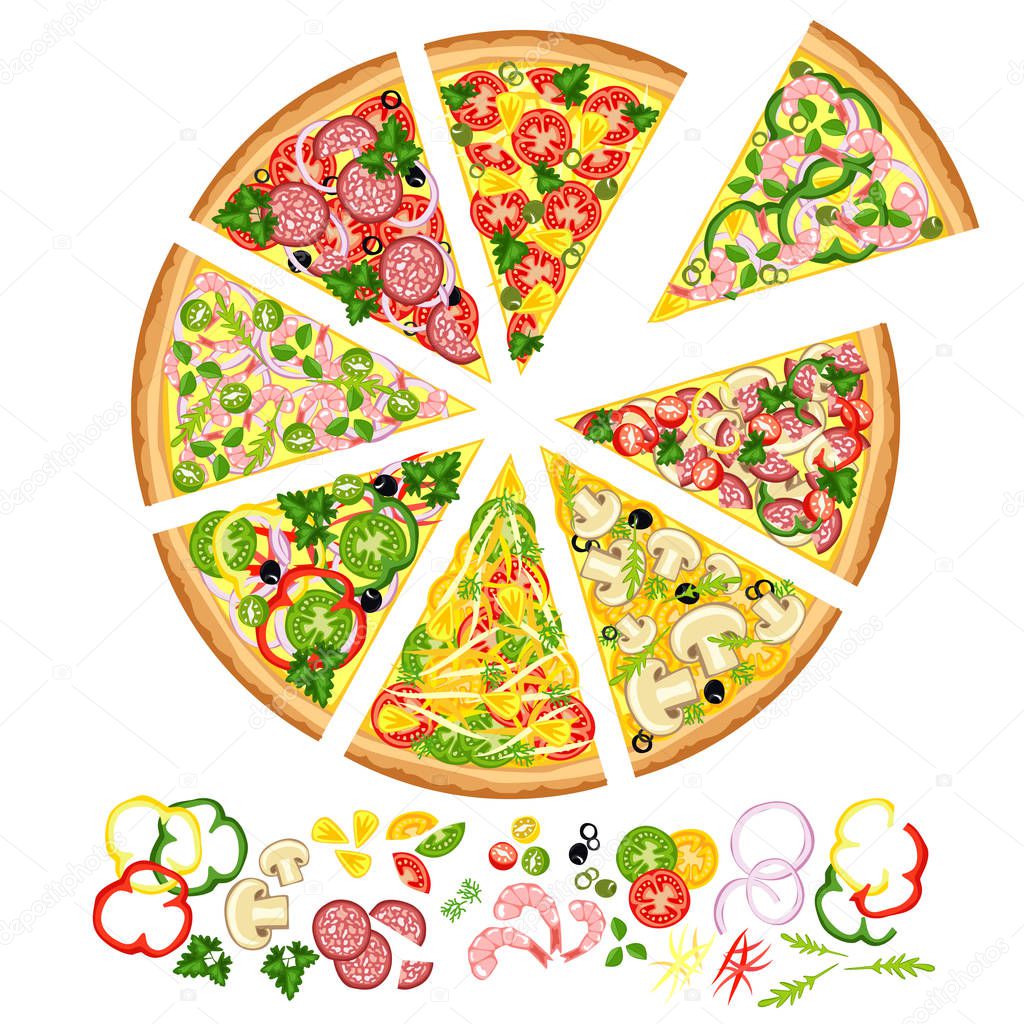 Slices of pizza with various ingredients.