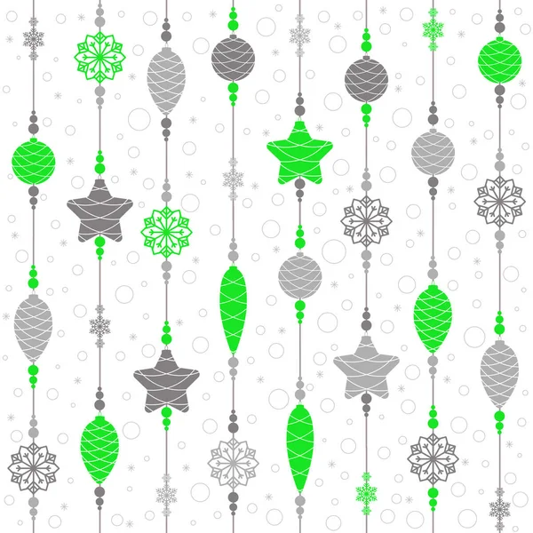Weihnachtsspielzeug auf Fäden mit Perlen und Schneeflocken. nahtloser Hintergrund. Muster. Vektorillustration. — Stockvektor