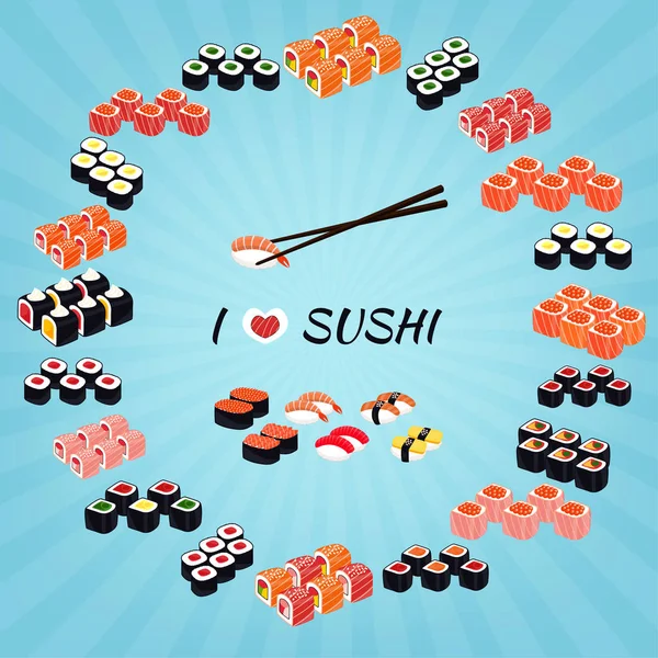 Set de Sushi. Set de rollos y sushi con palillos . — Vector de stock