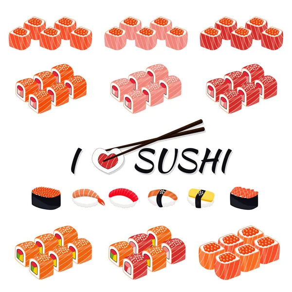 Set de Sushi. Set de rollos y sushi con palillos . — Vector de stock