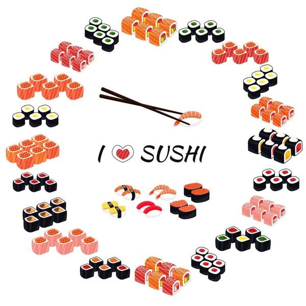 Set de Sushi. Set de rollos y sushi con palillos . — Vector de stock