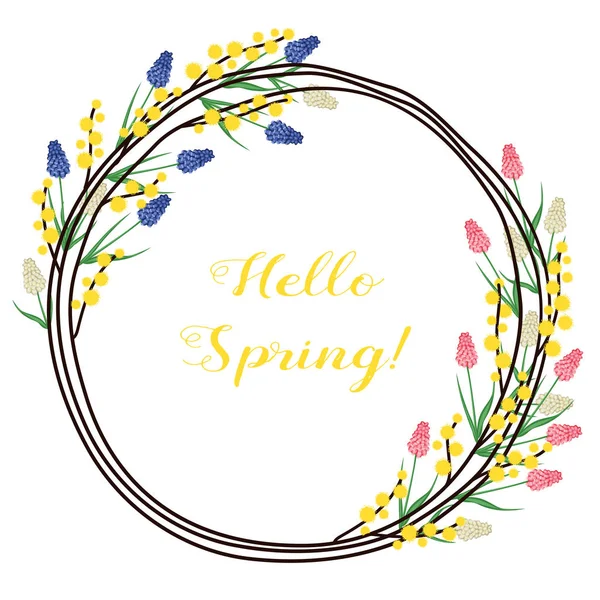 Весняний вінок з квітів мімоза і мускарі. Привіт Весна . — стоковий вектор